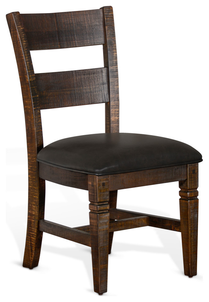 Dark Rustic Ladderback Dining Chair Padded Black Leather Seat