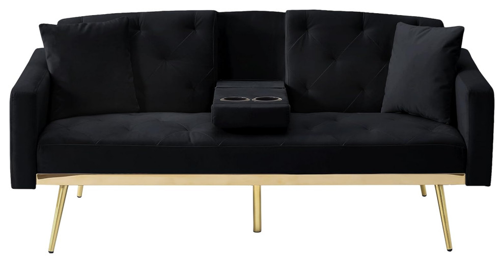 Elegant Futon, Gold Base & Tufted Velvet Seat With Flip Down Cup ...