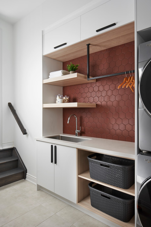 Stylish Red Hexagon Tiles with Light Wood Cabinets