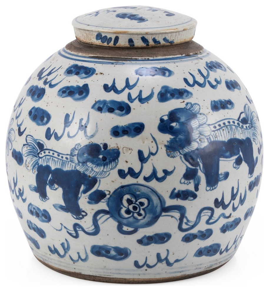 Blue & White Vintage Ming Jar Lion Motif, Large Asian Decorative
