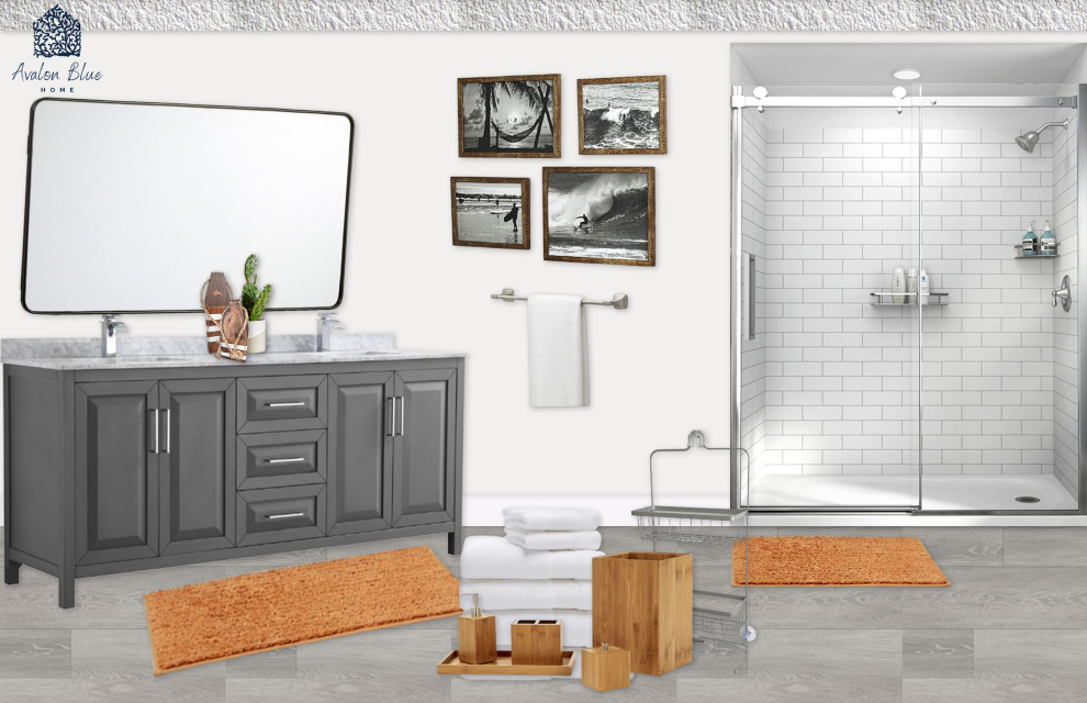 Esempio di una piccola stanza da bagno padronale costiera con ante grigie, piastrelle bianche, pavimento in laminato, top in quarzite, pavimento grigio, top grigio, due lavabi e mobile bagno freestanding