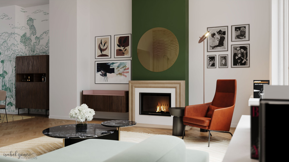 Diseño de sala de estar nórdica con paredes verdes, suelo de madera clara, estufa de leña y papel pintado