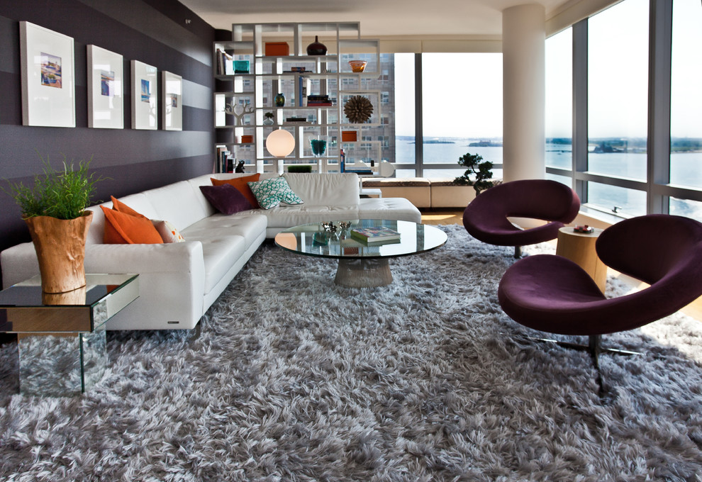 Design ideas for a contemporary living room in New York with black walls.