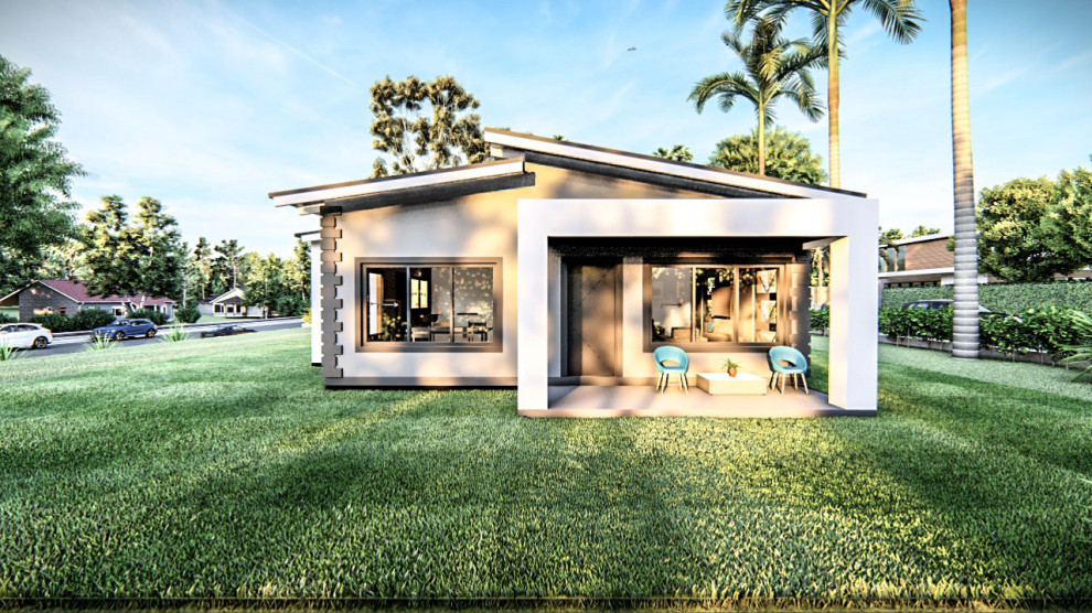 Стильный дизайн: маленький, одноэтажный, серый частный загородный дом в стиле кантри с крышей из гибкой черепицы и черной крышей для на участке и в саду - последний тренд