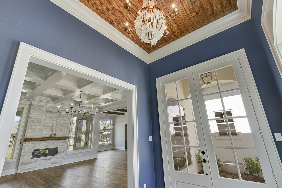 Mid-sized transitional foyer in New Orleans with blue walls, dark hardwood floors, a double front door, a glass front door and brown floor.