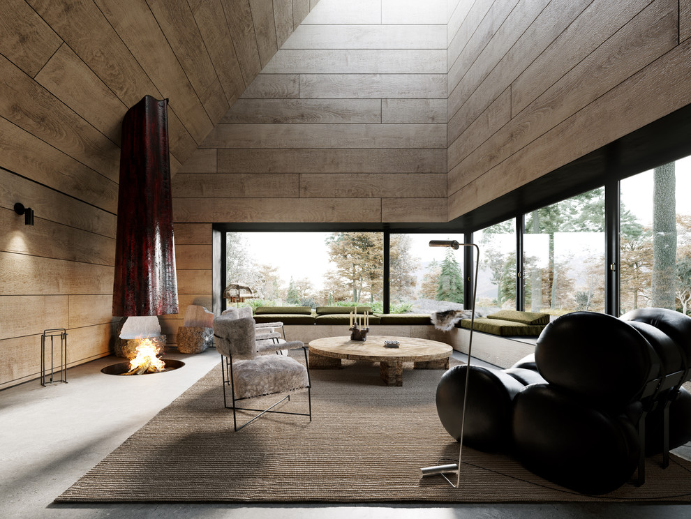 Inspiration for a contemporary living room in New York with brown walls, concrete floors, a wood stove and grey floor.