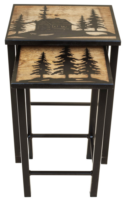 Black Iron and Stained Wood Nesting Table Set With Cabin Scene