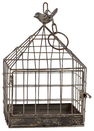 Wire Mesh Metal Bird Cage W Metal Bird Figurine On Top Rustic