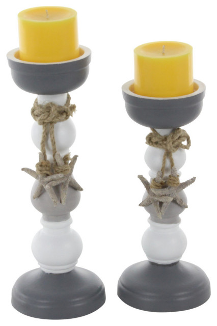 Set of 2 Grey Wood Coastal Candle Holder, 10", 12" 98866