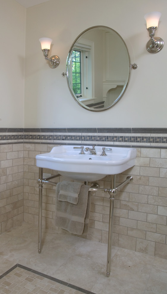 Design ideas for a traditional bathroom in Boston with beige tile, stone tile, white walls, travertine floors and a console sink.