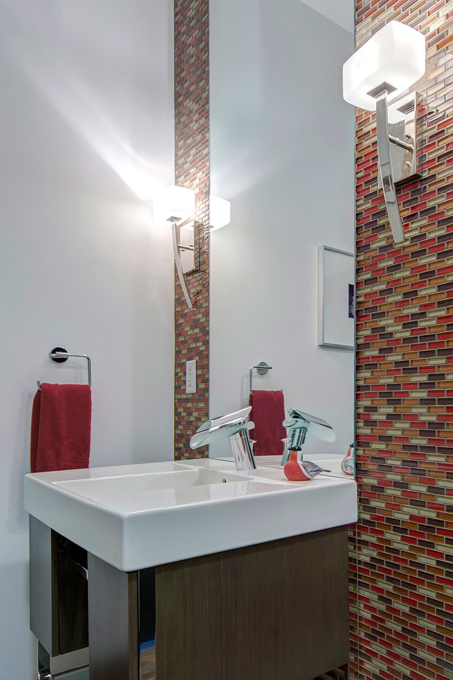 Design ideas for a mid-sized contemporary 3/4 bathroom in St Louis with flat-panel cabinets, dark wood cabinets, red tile, mosaic tile, white walls, an integrated sink, solid surface benchtops, white benchtops, an open shower and a hinged shower door.