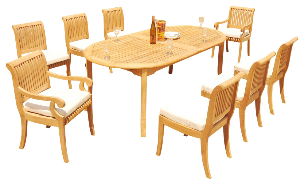9Piece Outdoor Teak Patio Dining Set 117" Extension Oval Table, 8
