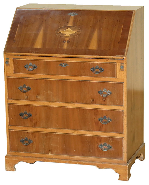 Consigned c1949 Antique English Yew Inlaid Slant Lid Secretary Bureau Desk Desks And Hutches