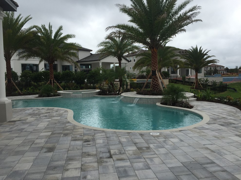 Example of a large transitional backyard concrete paver and custom-shaped hot tub design in Orlando