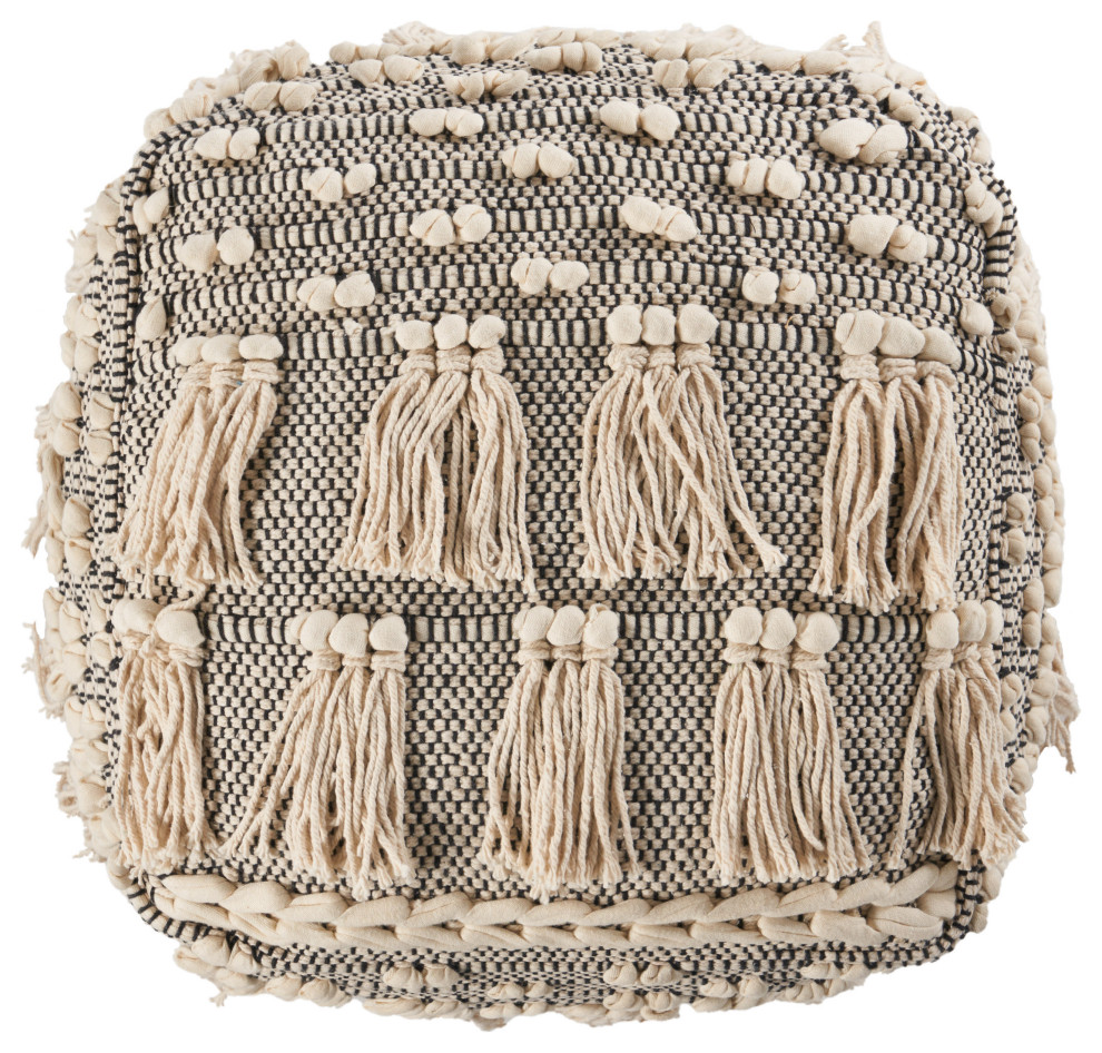 Arcola Handcrafted Boho Fabric Cube Pouf With Tassels, Ivory