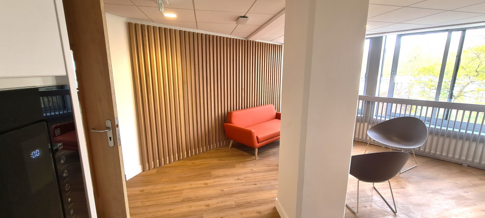 Ejemplo de salón moderno de tamaño medio con paredes blancas, suelo de madera en tonos medios, suelo marrón, madera y madera