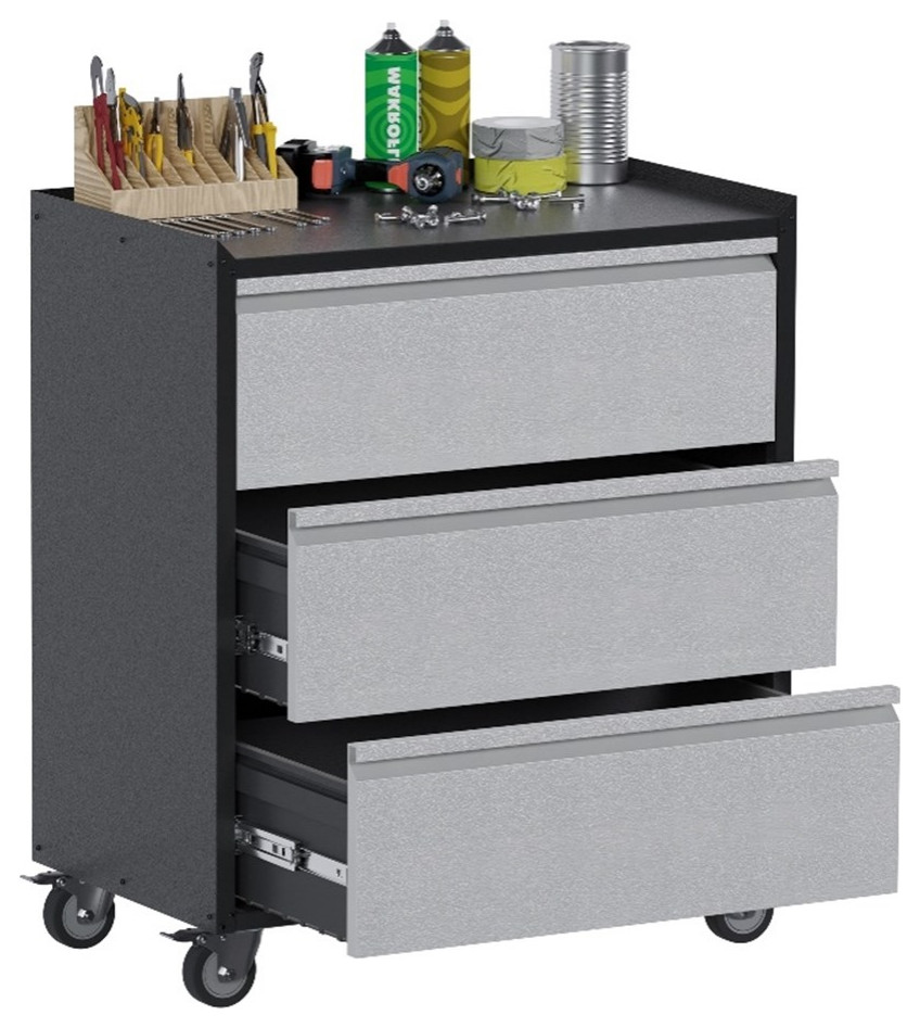 GangMei Three Drawers Metal Garage Storage with Wheels in Gray