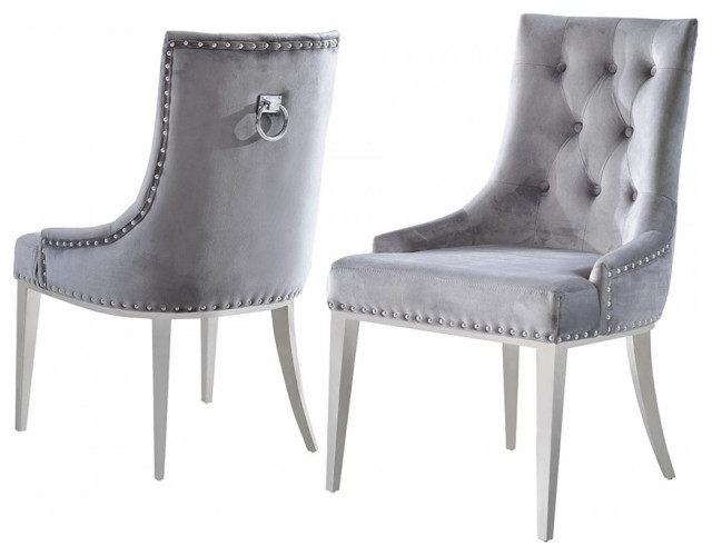 Set of Two Grey Velvet Tufted Dining Chairs Transitional Dining Chairs by HomeRoots Houzz