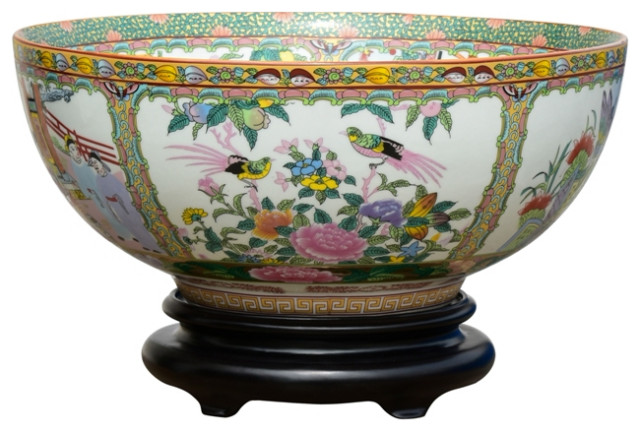 Chinese Rose Canton Porcelain Bowl With Base 14"