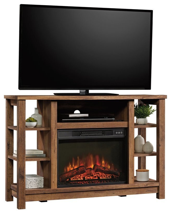 Sauder Wooden Fireplace Credenza TV Stand in Vintage Oak Transitional