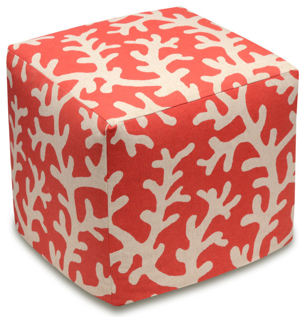 Coral- Coral Red, Linen Upholstered Ottoman - Beach Style - Footstools ...