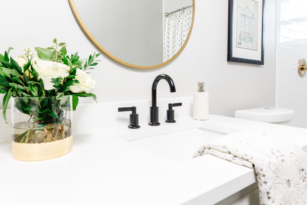 Alcove shower - transitional 3/4 white tile and subway tile slate floor and black floor alcove shower idea in Phoenix with shaker cabinets, white cabinets, white walls and an undermount sink