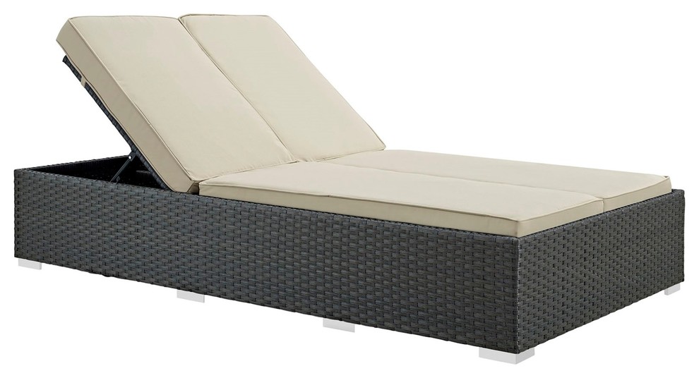 Modern Contemporary Urban Outdoor Patio Chaise Lounge Chair, Beige, Rattan