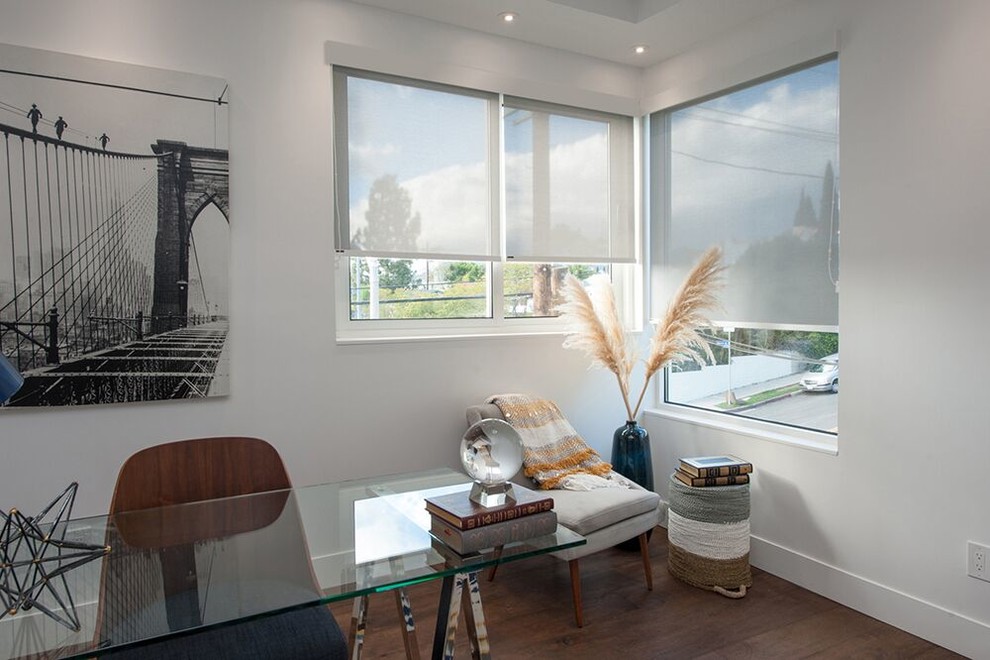 Inspiration for a mid-sized mid-century modern freestanding desk dark wood floor and brown floor study room remodel with gray walls and no fireplace