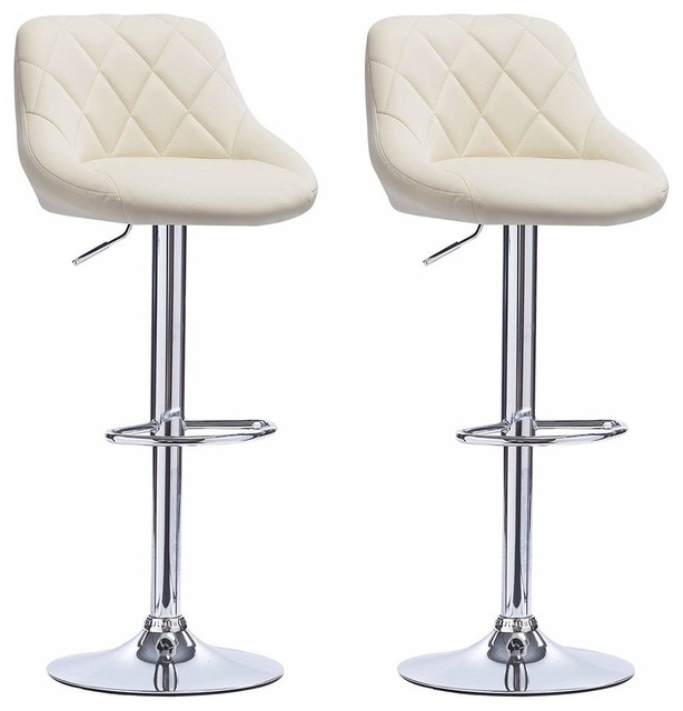 2 Bar Stools Set, Faux Leather With Backrest, Adjustable Swivel Gas Lift, Cream