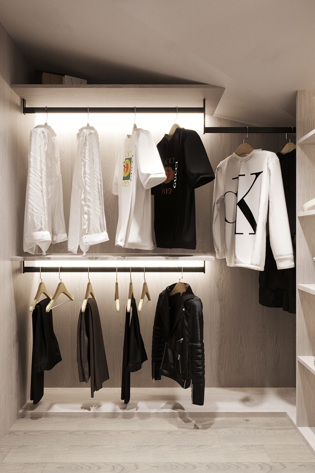 Белые интерьеры спальни и ванной комнаты