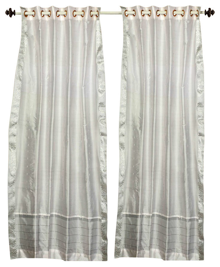 White with Silver trim Ring Top  Sheer Sari Cafe Curtain / Drape / Panel-Piece