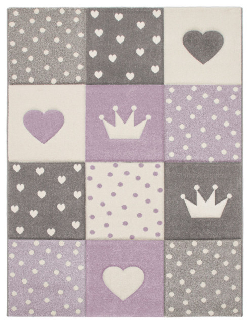 Kids Rug Checkered With Hearts and Crowns, Purple, 2'8"x4'11"