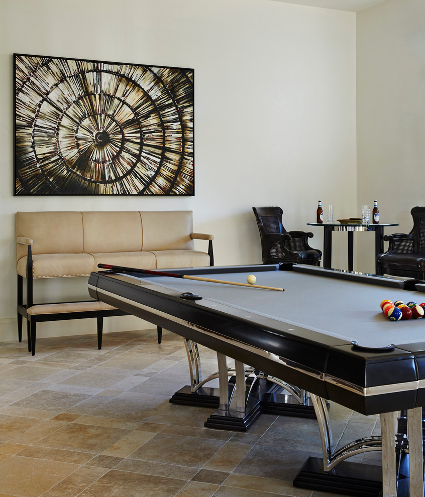 Inspiration for a transitional family room in Miami with a game room and beige walls.