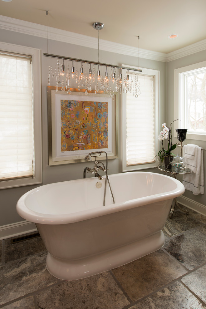 Freestanding bathtub - mid-sized transitional master travertine floor and brown floor freestanding bathtub idea with gray walls