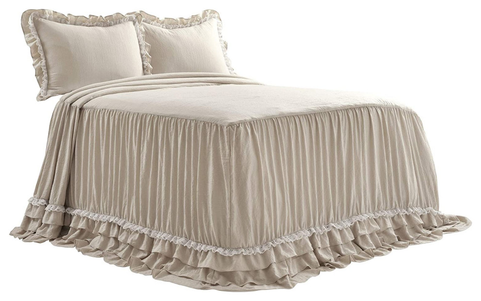 Ella Shabby Chic Ruffle Lace Bedspread Neutral 3Pc Set Queen