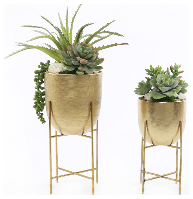Modern Faux Succulents & Geodes Arrangement in Gold Planter Modern