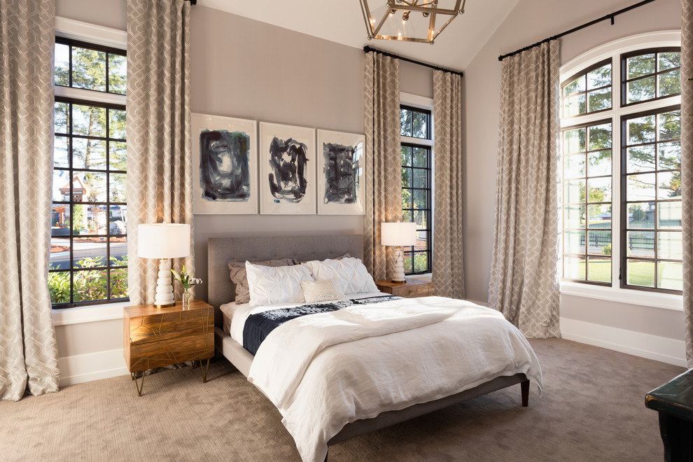 Design ideas for an expansive master bedroom in Portland with grey walls, carpet and no fireplace.