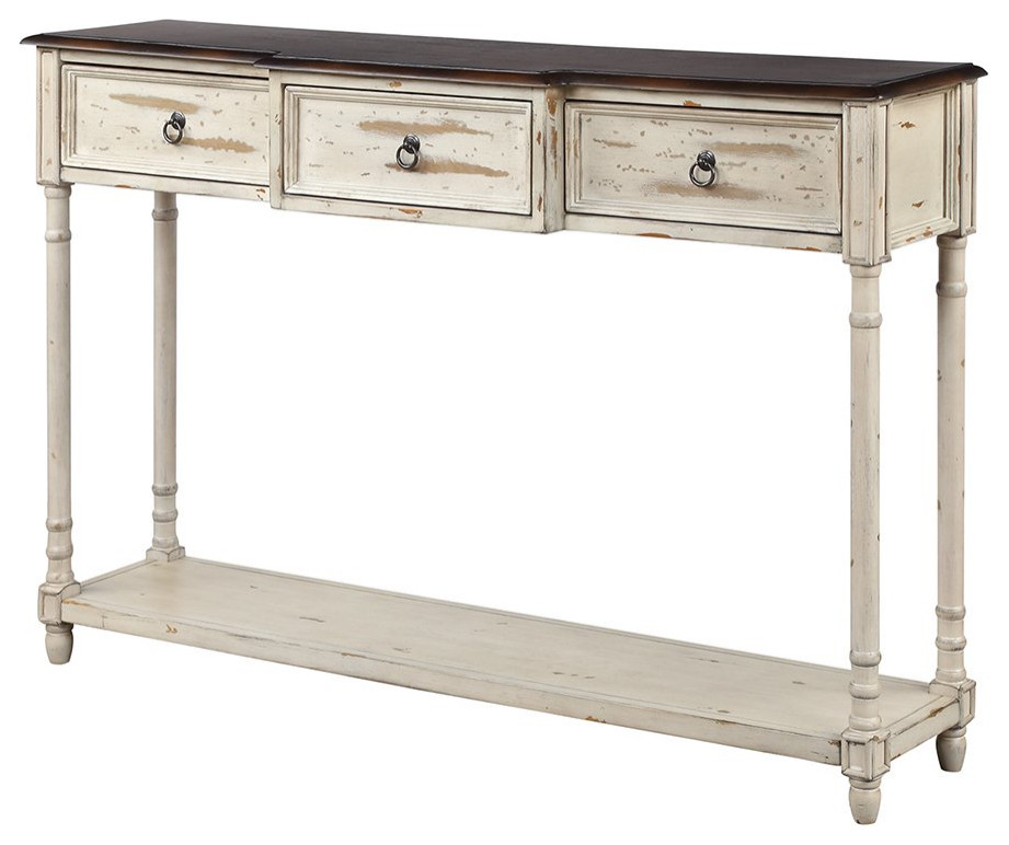 Classic Console Table, Turned Legs & 3 Ample Drawers With Ring Pulls French Country Console