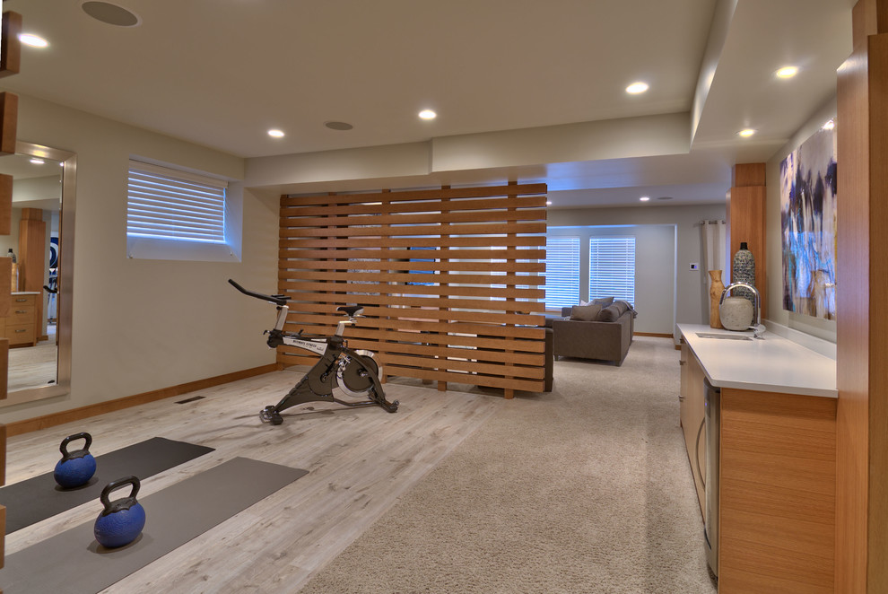 Photo of a mid-sized contemporary multipurpose gym in Other with carpet.