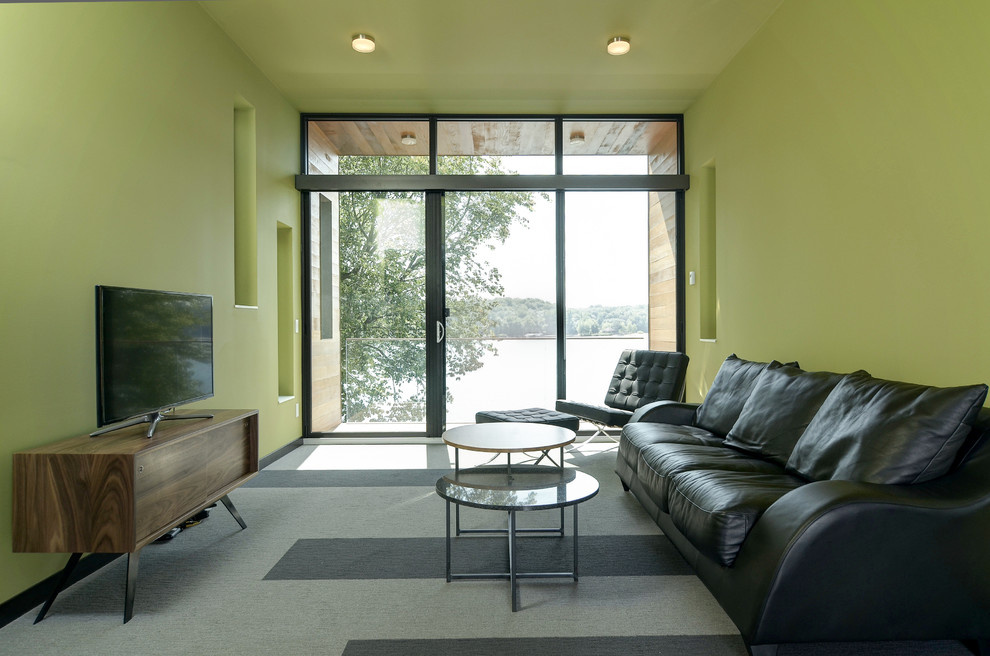 This is an example of a contemporary family room in Minneapolis with green walls, carpet and a freestanding tv.