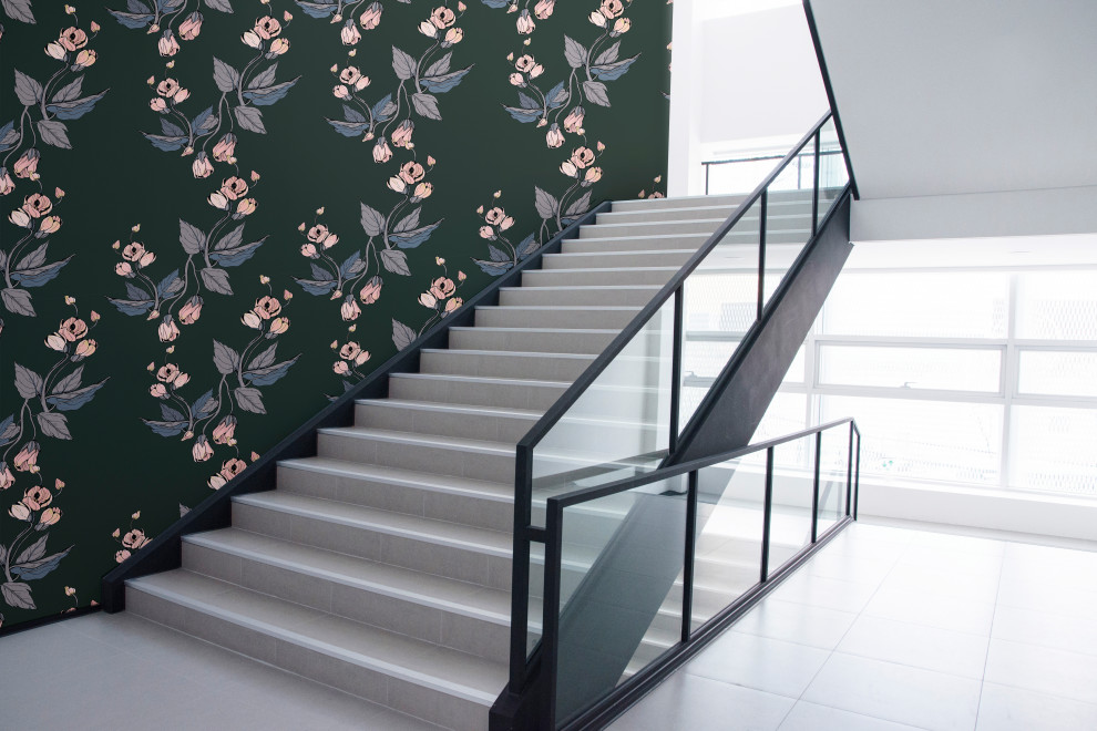 Design ideas for a contemporary limestone staircase in Los Angeles with limestone risers, metal railing and wallpaper.