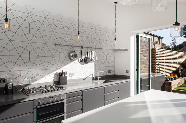 Kitchen of the Week: Geometric Tile Wall in a Black and White Room