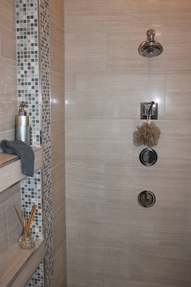 Example of a large transitional master gray tile and porcelain tile porcelain tile doorless shower design