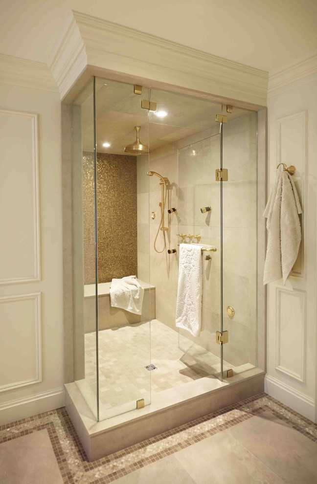 This is an example of a large traditional master bathroom in Toronto with recessed-panel cabinets, dark wood cabinets, a freestanding tub, a curbless shower, beige walls, travertine floors, an undermount sink and granite benchtops.