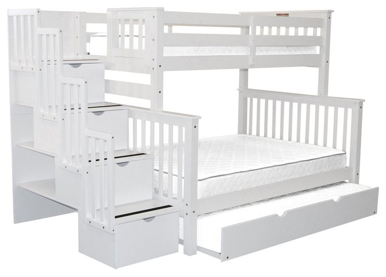 Bedz King Pine Wood Twin over Full Stairway Bunk Bed with Full Trundle in White