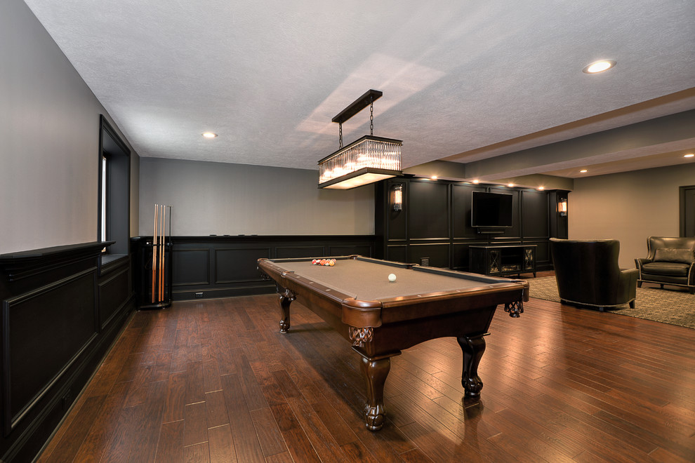 Basement - large traditional look-out dark wood floor and brown floor basement idea with gray walls and no fireplace