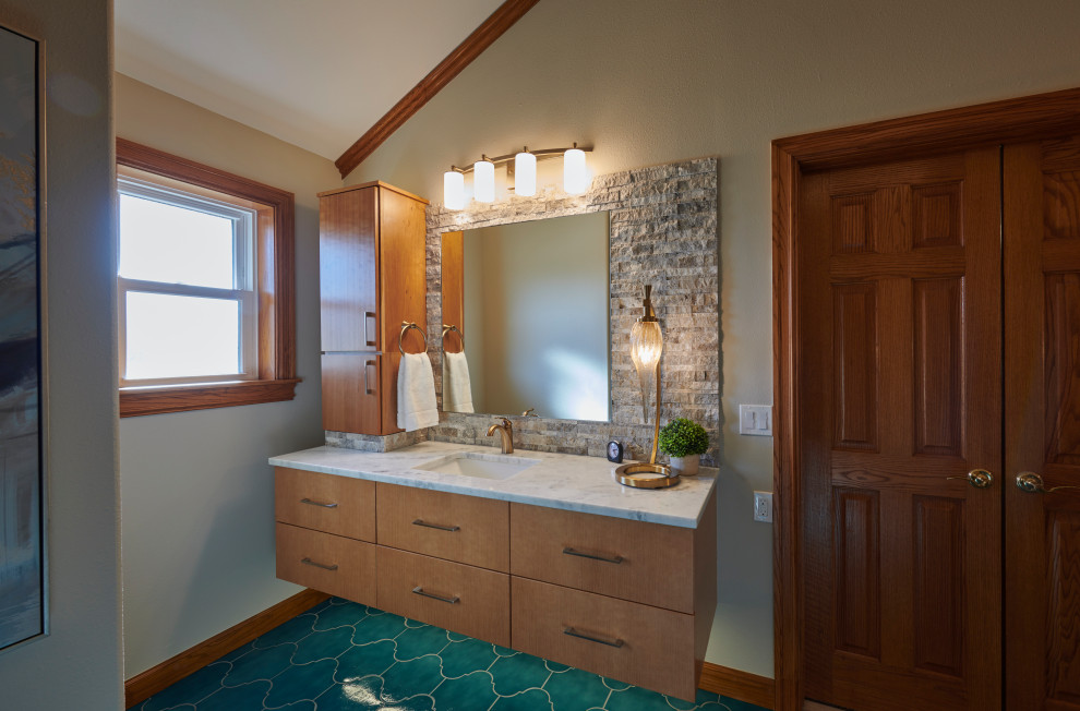 Inspiration for a mid-sized modern master bathroom in Other with flat-panel cabinets, medium wood cabinets, a freestanding tub, an open shower, beige tile, stone tile, an undermount sink, granite benchtops, turquoise floor, an open shower, beige benchtops, a double vanity and a floating vanity.