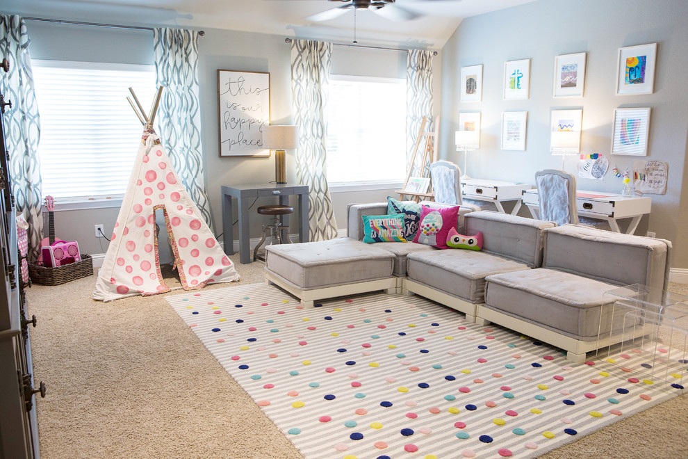 Traditional kids' playroom in Dallas with grey walls, carpet and beige floor.