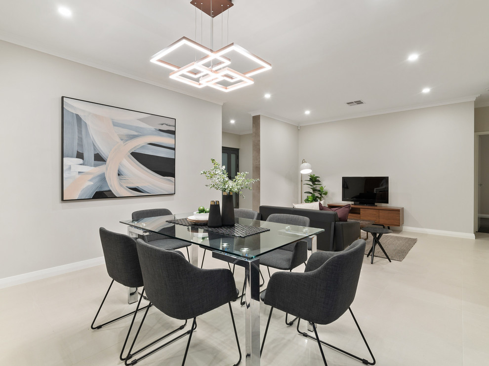 Mid-sized modern open plan dining in Perth with grey walls, ceramic floors, no fireplace and beige floor.