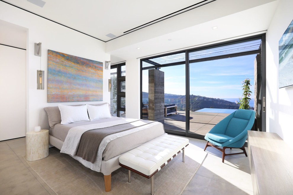Inspiration for a contemporary master bedroom in Orange County with white walls, grey floor and concrete floors.